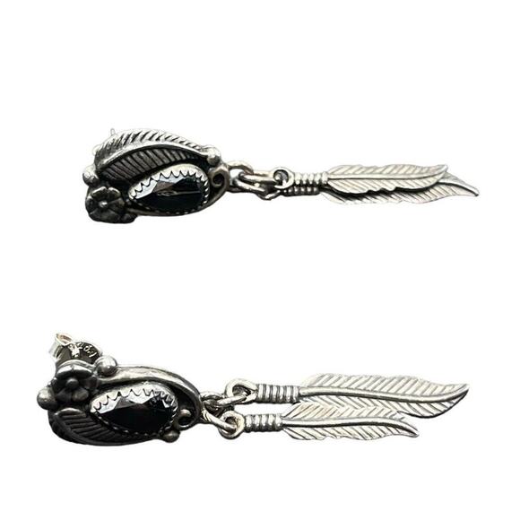 FM Fred Maloney Vintage Native American Onyx Sterling Silver Feather Earrings - Picture 13 of 13